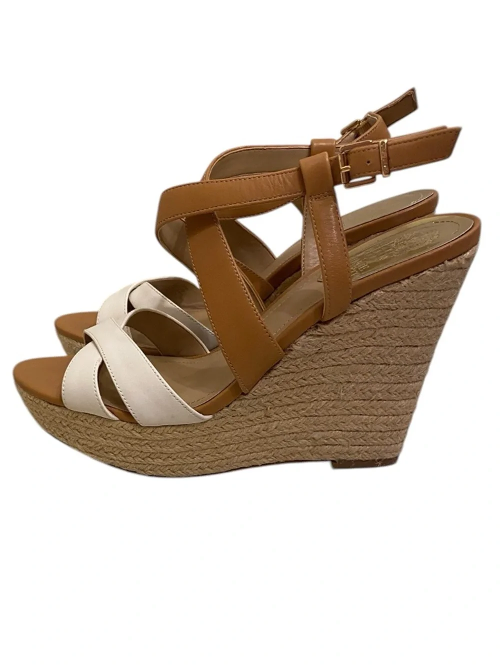 Vince Camuto Tan and White Espadrille Wedge Sandals